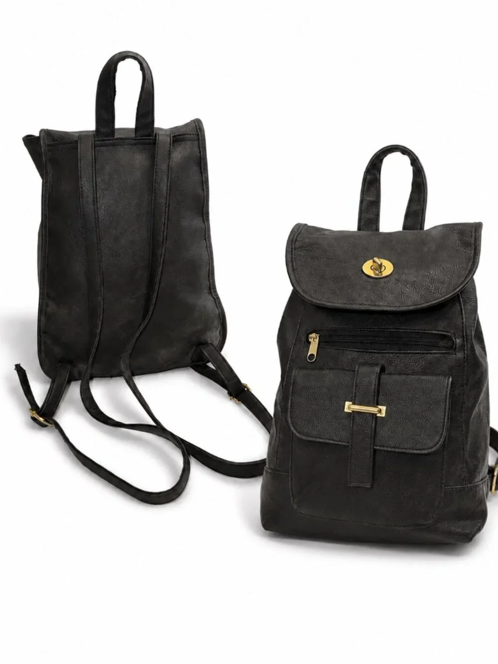 Black Faux Leather Backpack – Gold Tone Hardware